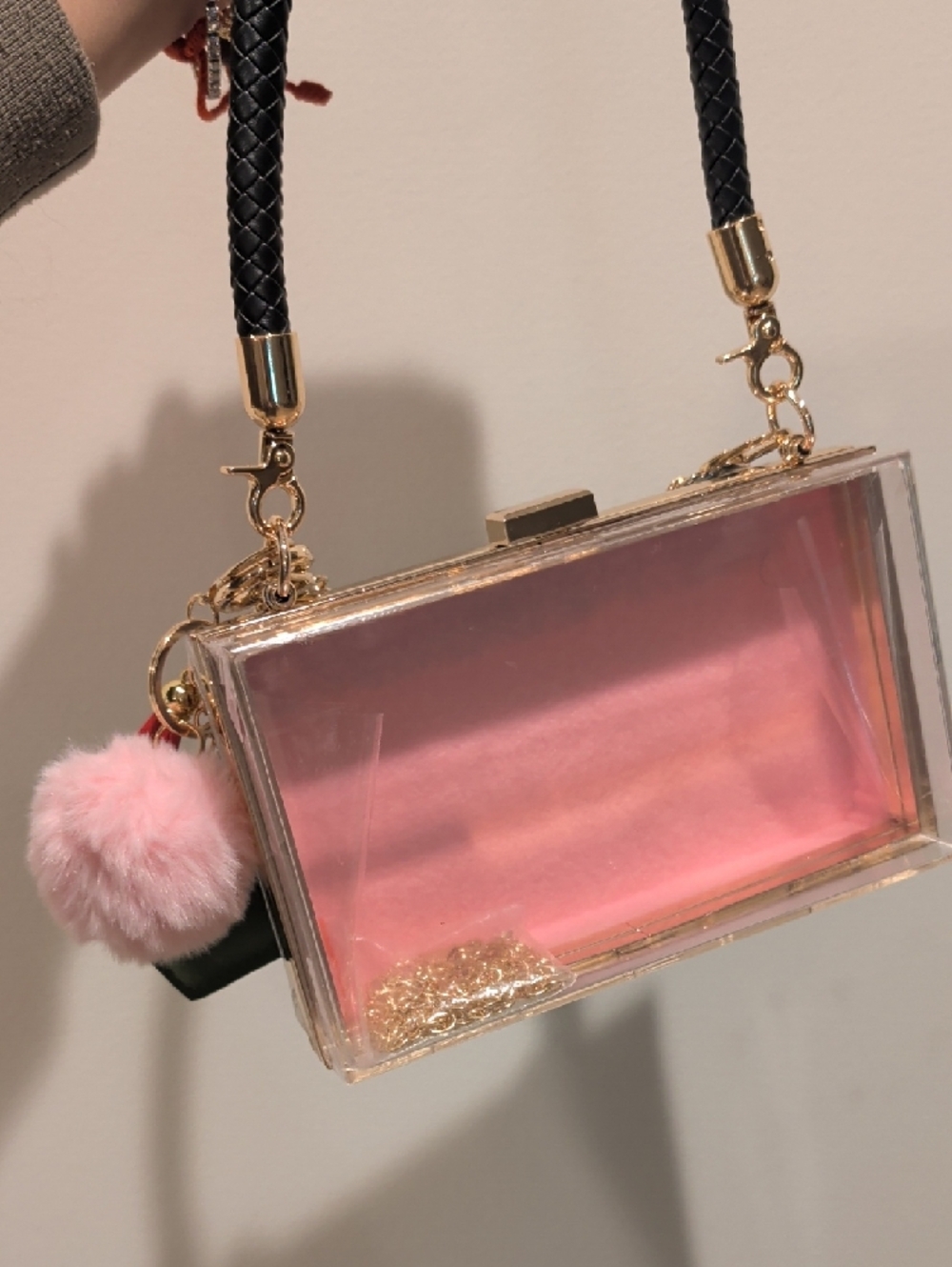 Upcycled Multicolor Logo Pattern Clear Box Clutch with Gold Chain/ 1 of 2 - Picture 5 of 6